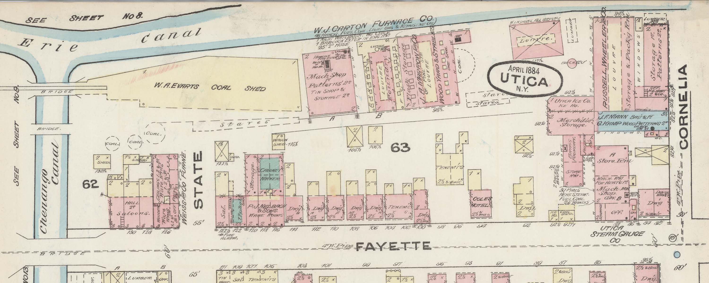 1883 UTICA NEW YORK POLICE STATION FAYETTE ST TO COURT ST ATLAS MAP CITY HALL 